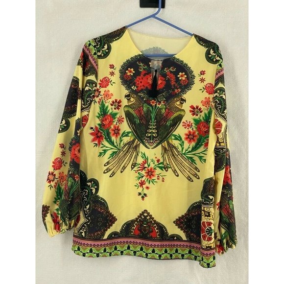 Womens Tunic Top Yellow Red Floral Parrots Long Sl - Picture 3 of 11